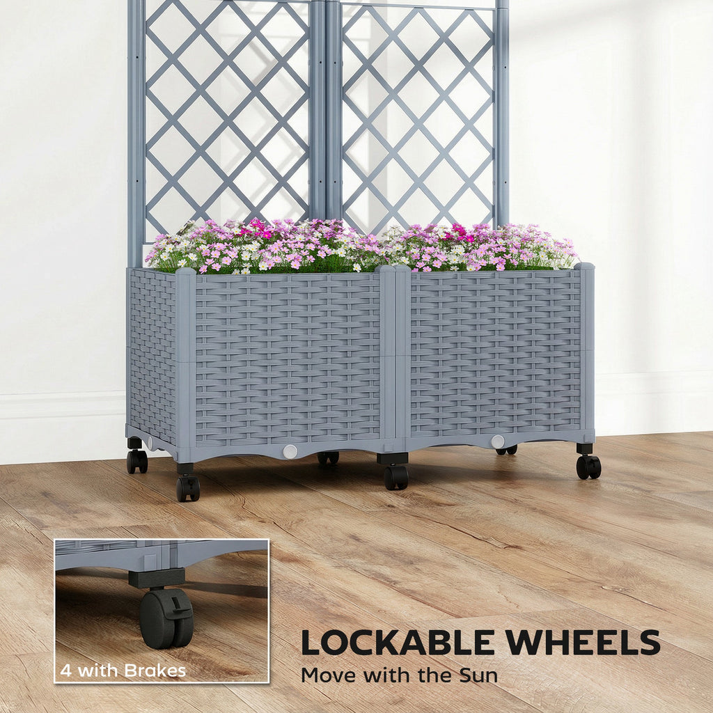 56.3" Self-Watering Planter Box with Trellis and Wheels, Gray