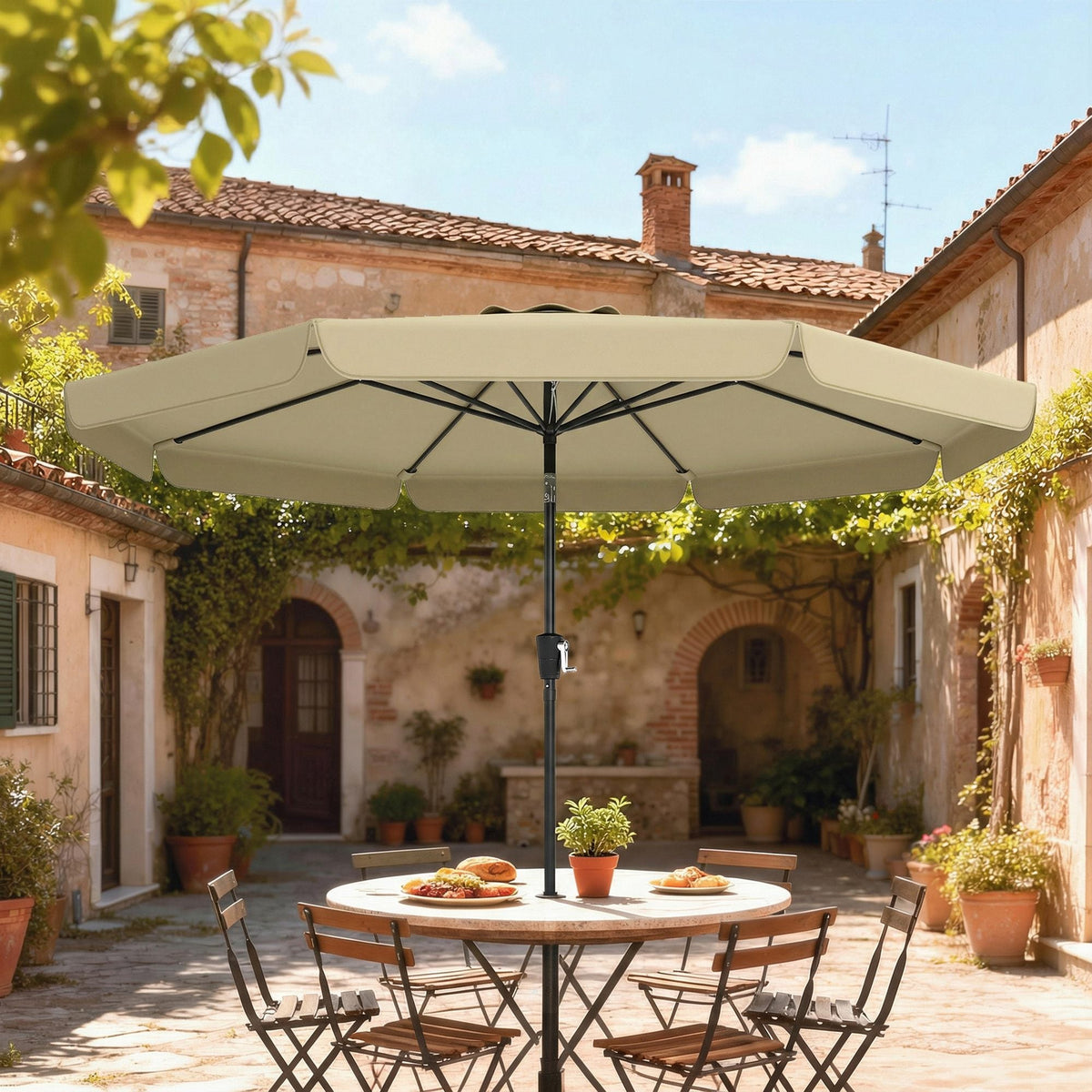 10ft Patio Umbrella with Push Button Tilt and Crank, Khaki