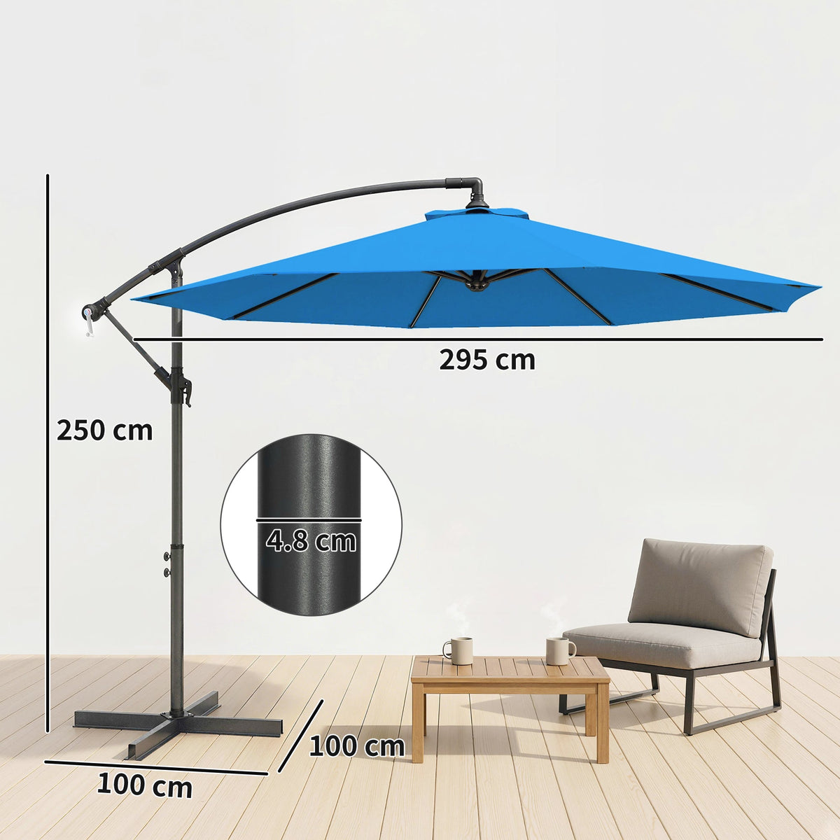 3 m Cantilever Parasol with Cross Base and Crank Handle, Blue