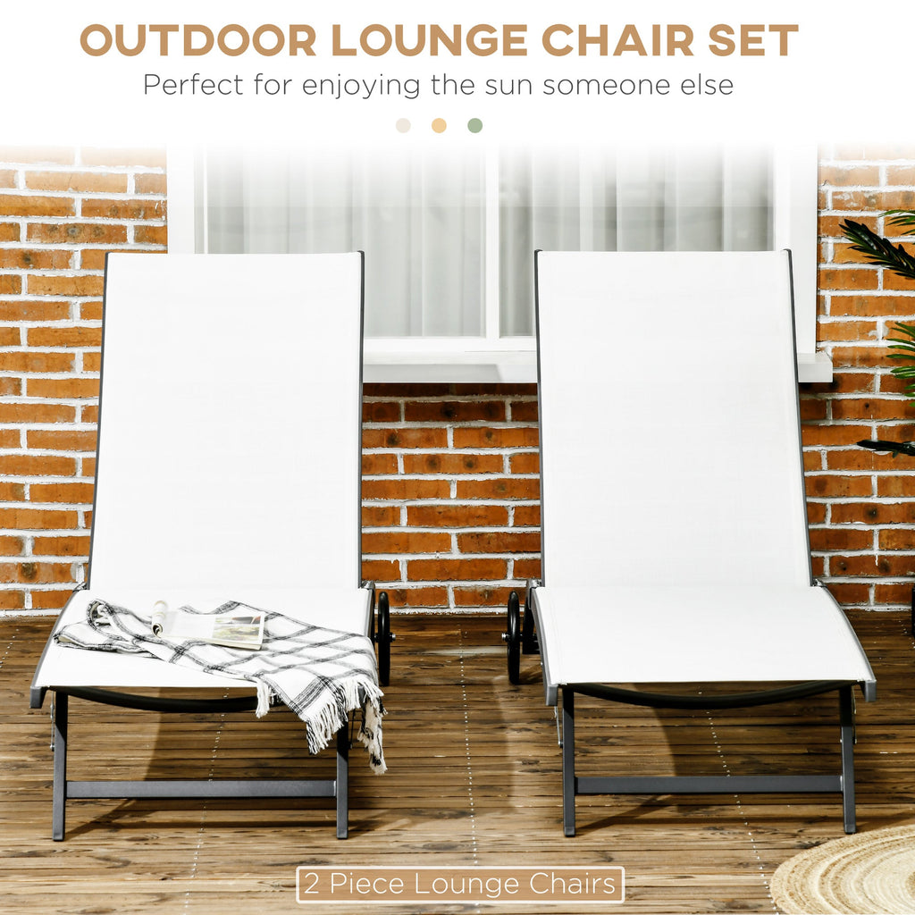 Set of 2 Outdoor Lounge Chairs with Wheels and Mesh Seat, Cream White