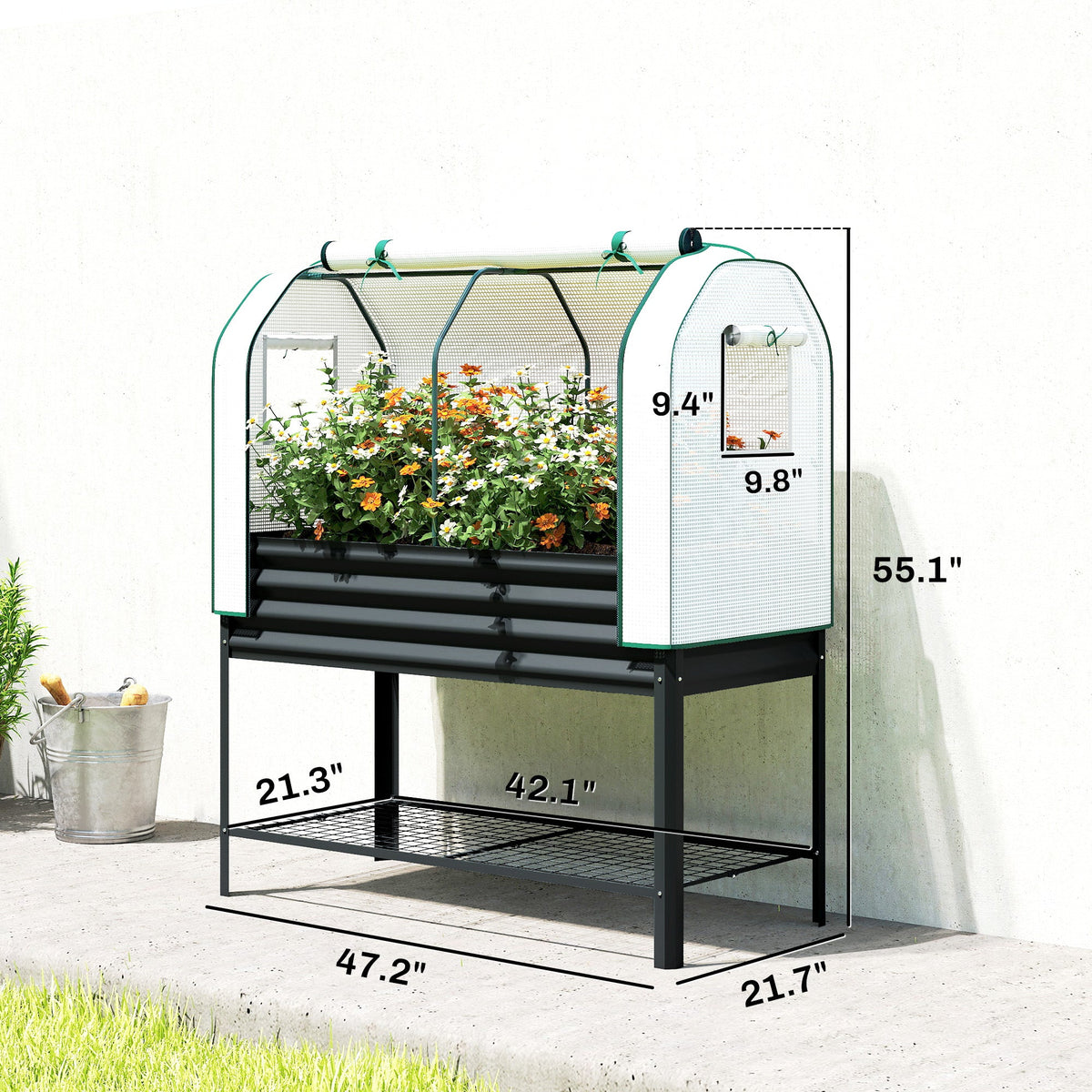 Galvanized Raised Garden Bed with Greenhouse Cover, Black