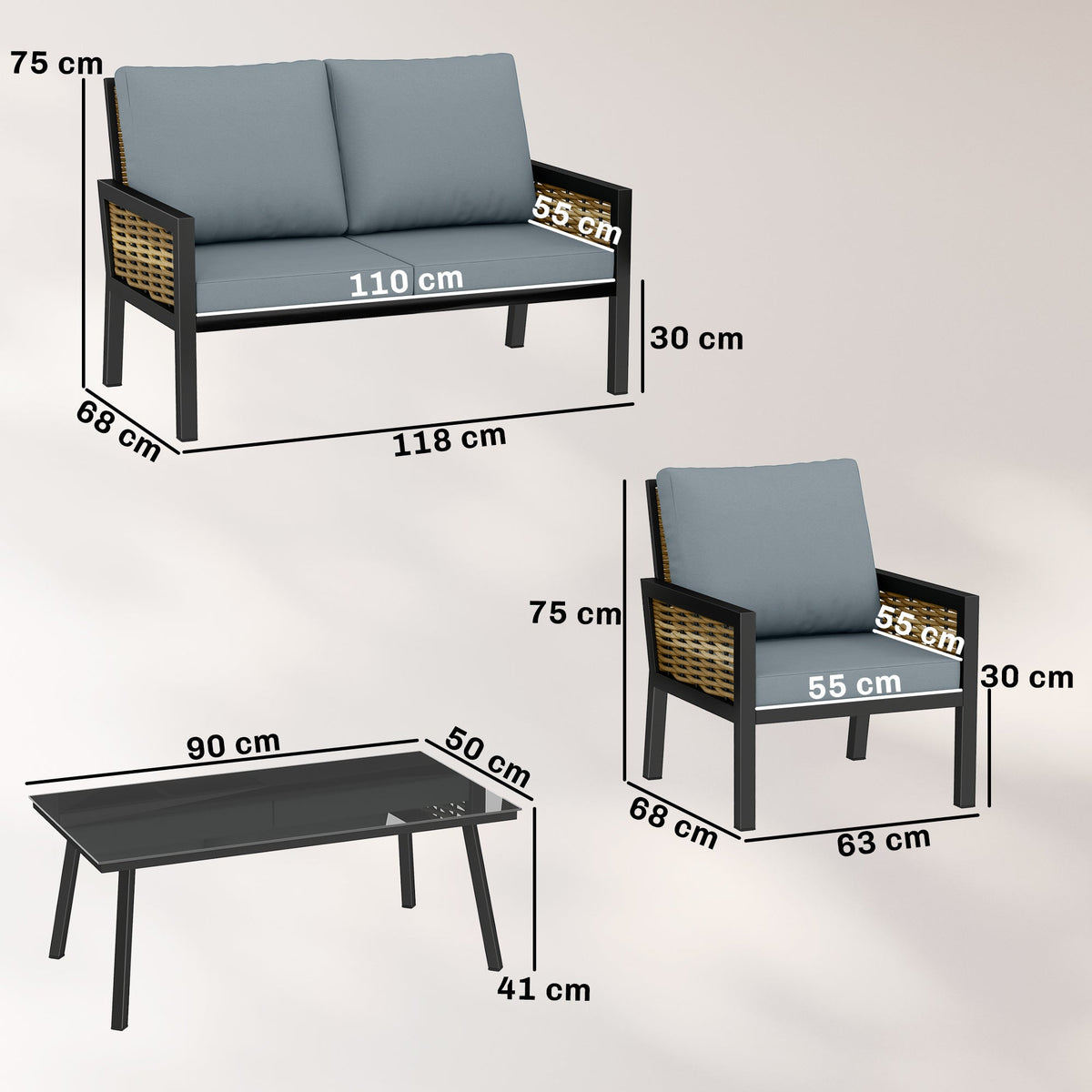 4-Seater Rattan Sofa Set with Cushions, Loveseat, 2 Armchairs & Coffee Table Grey