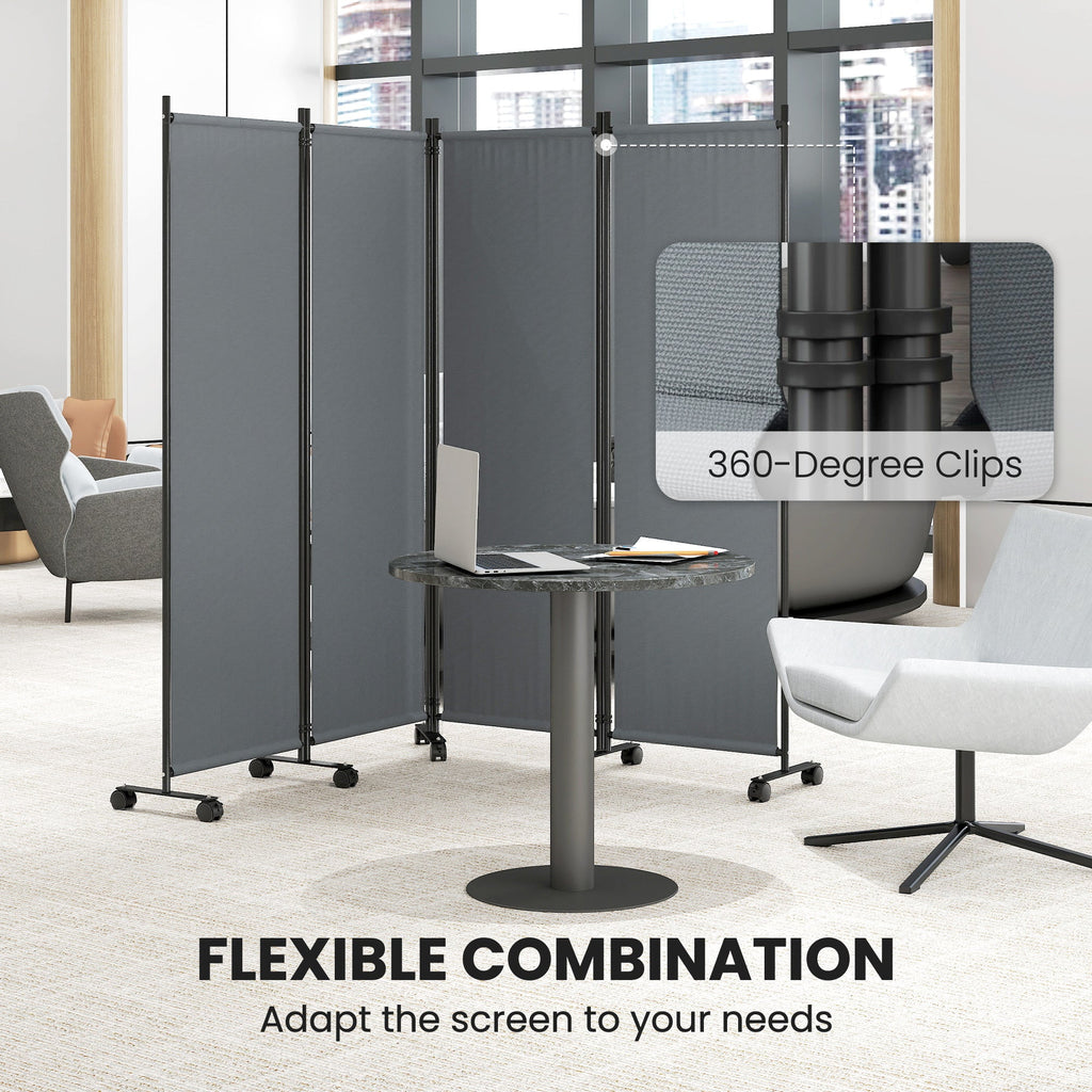 4 Panel Folding Room Divider with Lockable Wheels, Dark Grey
