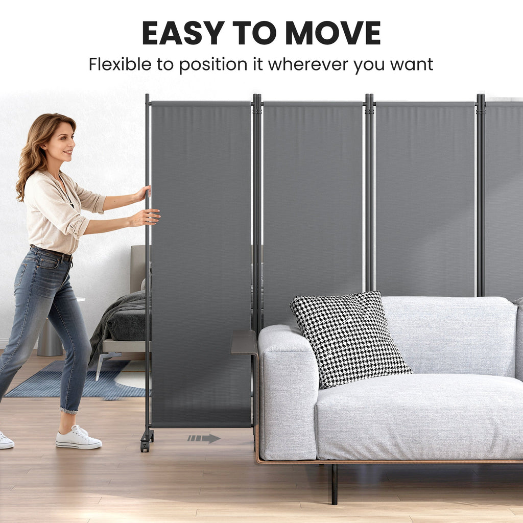 4 Panel Folding Room Divider with Lockable Wheels, Dark Grey