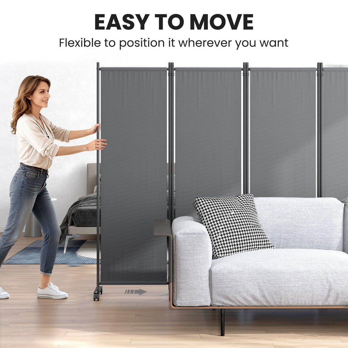 4 Panel Folding Room Divider with Lockable Wheels, Dark Grey