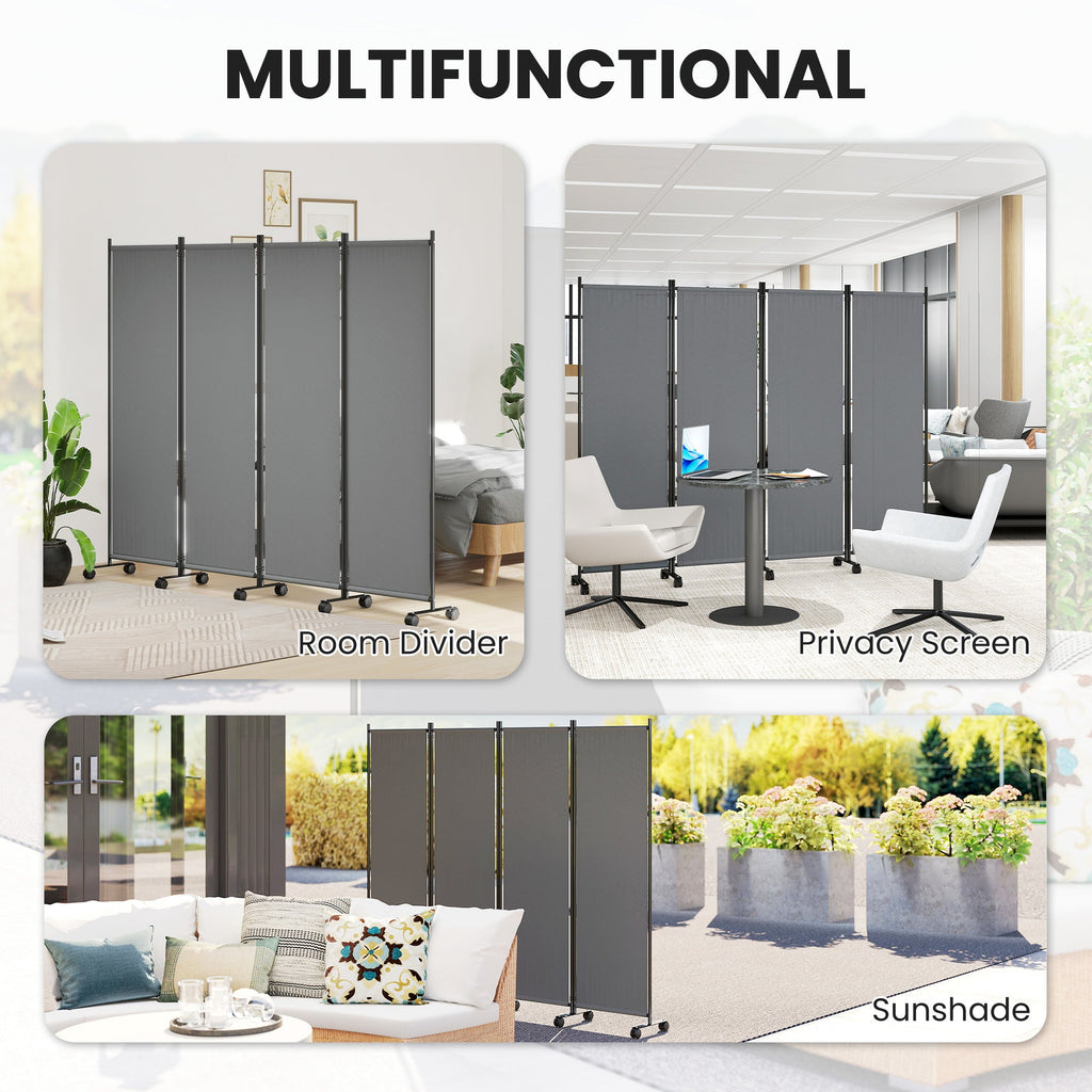 4 Panel Folding Room Divider with Lockable Wheels, Dark Grey