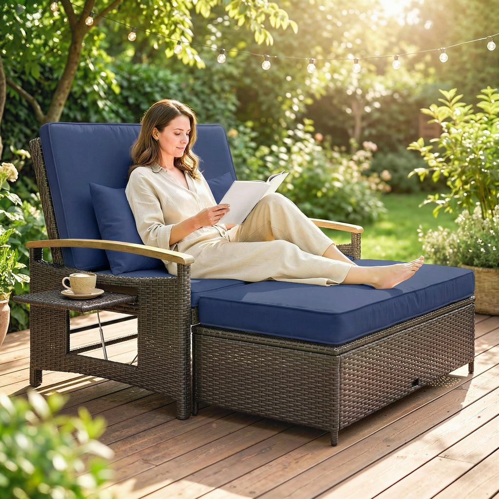 Rattan Daybed with Adjustable Backrest, Storage Ottoman, Navy Blue