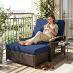 Rattan Daybed with Adjustable Backrest, Storage Ottoman, Navy Blue