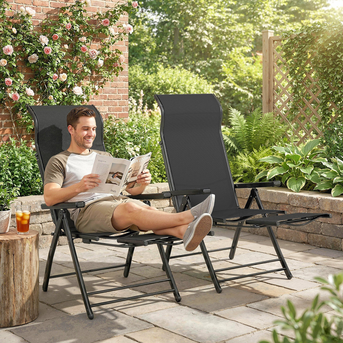 Set of 2 Folding Patio Chairs with Footrest and 5-Position Recline, Black