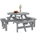 Wooden Patio Dining Set for 8 with Round Table and 4 Benches, Grey