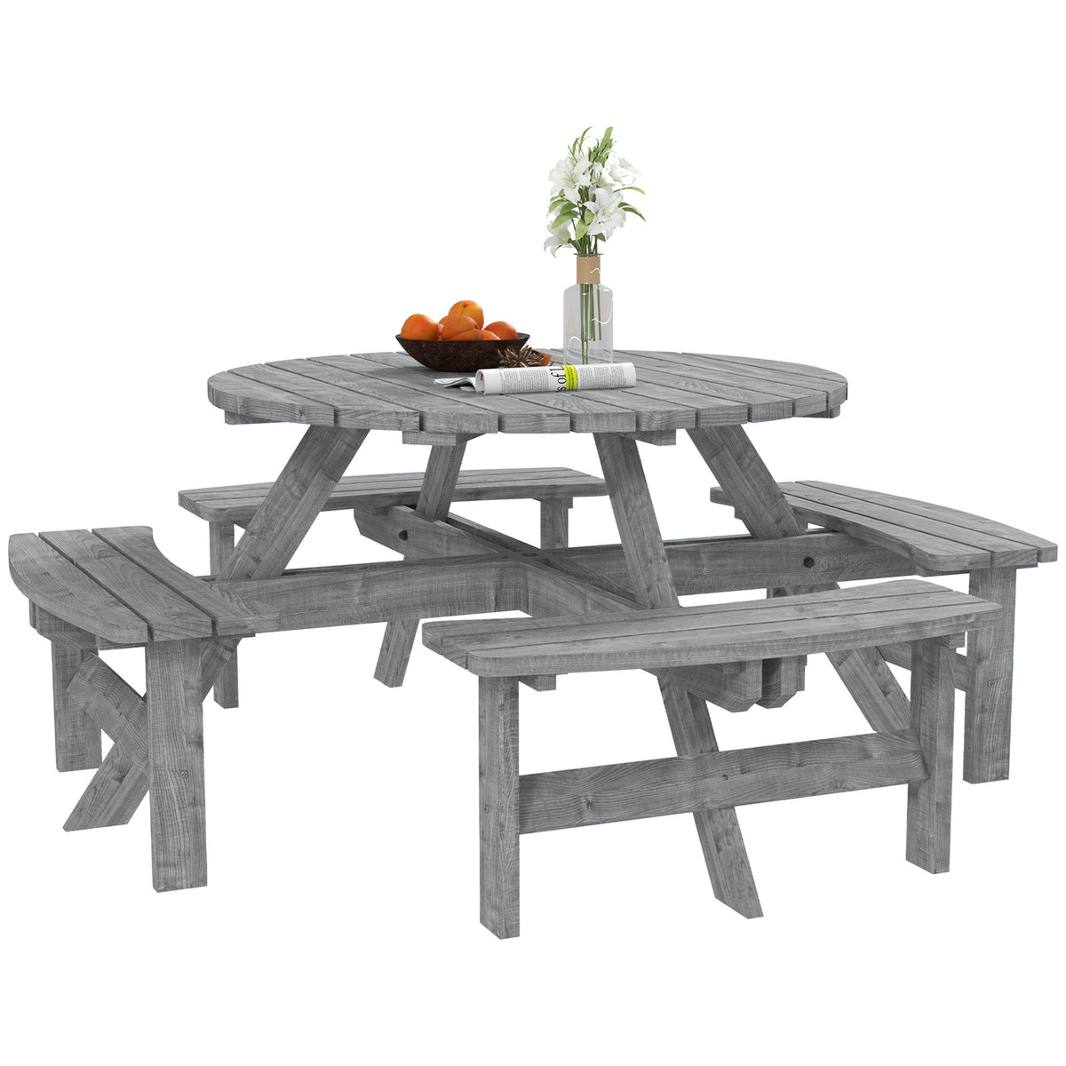 Wooden Patio Dining Set for 8 with Round Table and 4 Benches, Grey