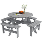 Wooden Patio Dining Set for 8 with Round Table and 4 Benches, Grey