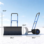Heavy Duty Snow Pusher with Wheels, 29" x 16.5" Metal Blade, 5-Level Handle, Blue