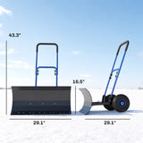 Heavy Duty Snow Pusher with Wheels, 29" x 16.5" Metal Blade, 5-Level Handle, Blue