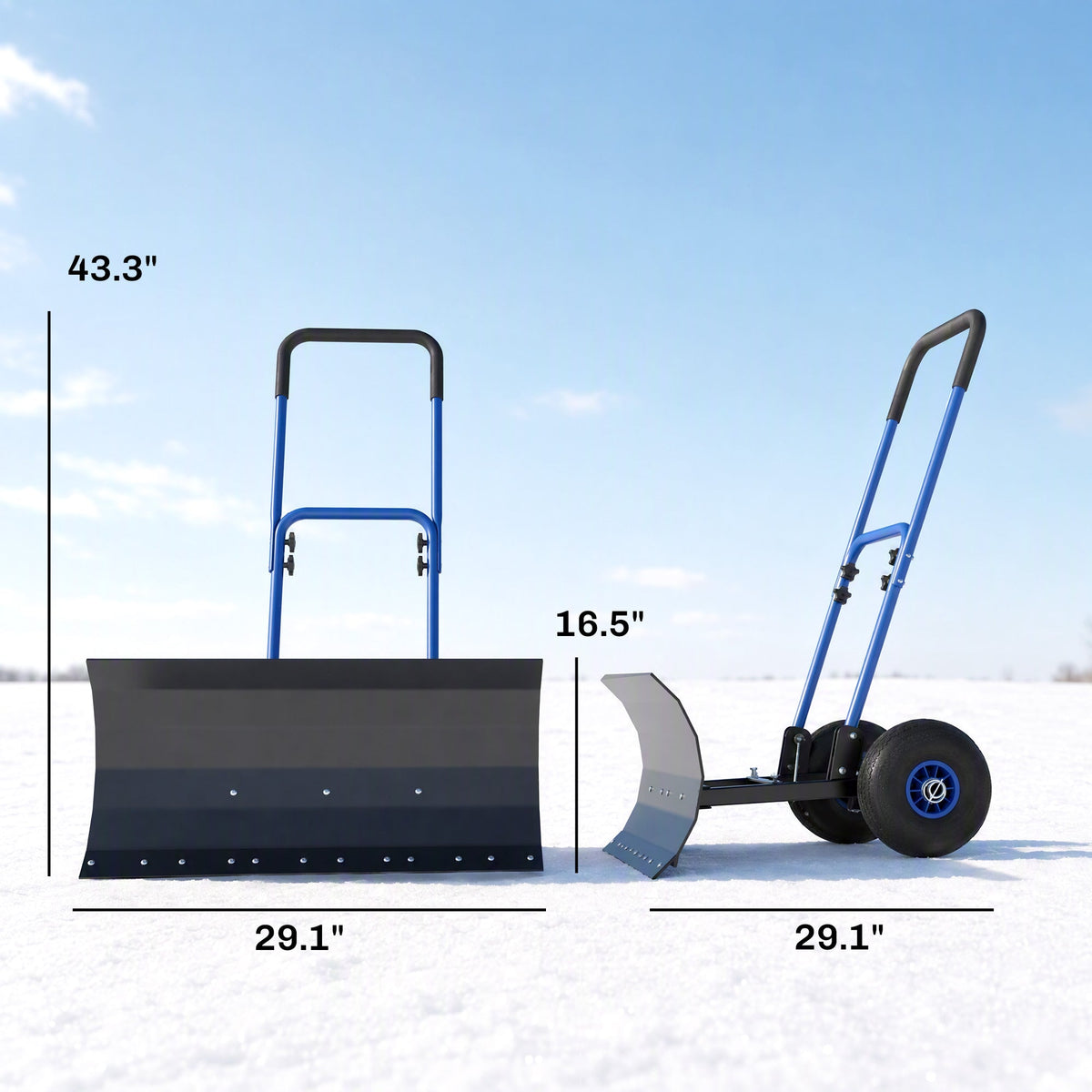 Heavy Duty Snow Pusher with Wheels, 29" x 16.5" Metal Blade, 5-Level Handle, Blue