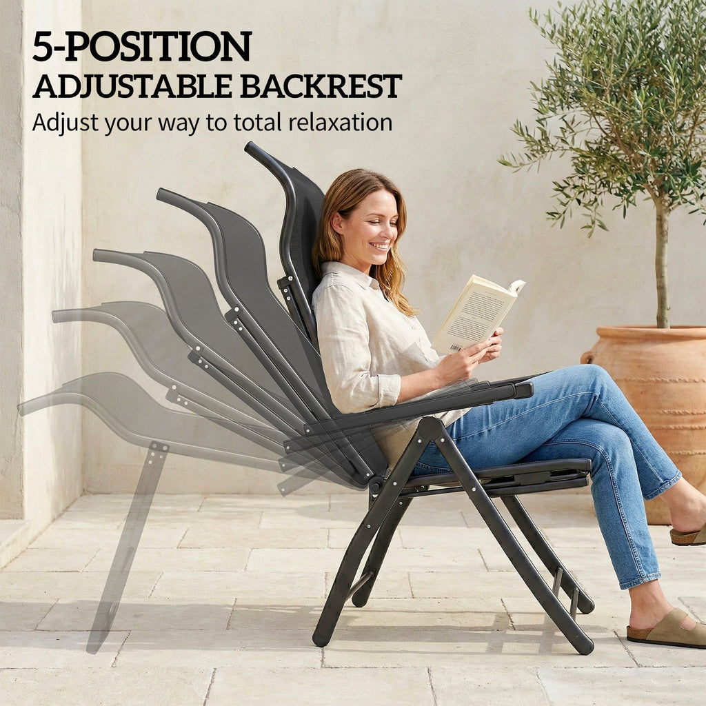 Set of 2 Folding Patio Chairs with Footrest and 5-Position Recline, Black