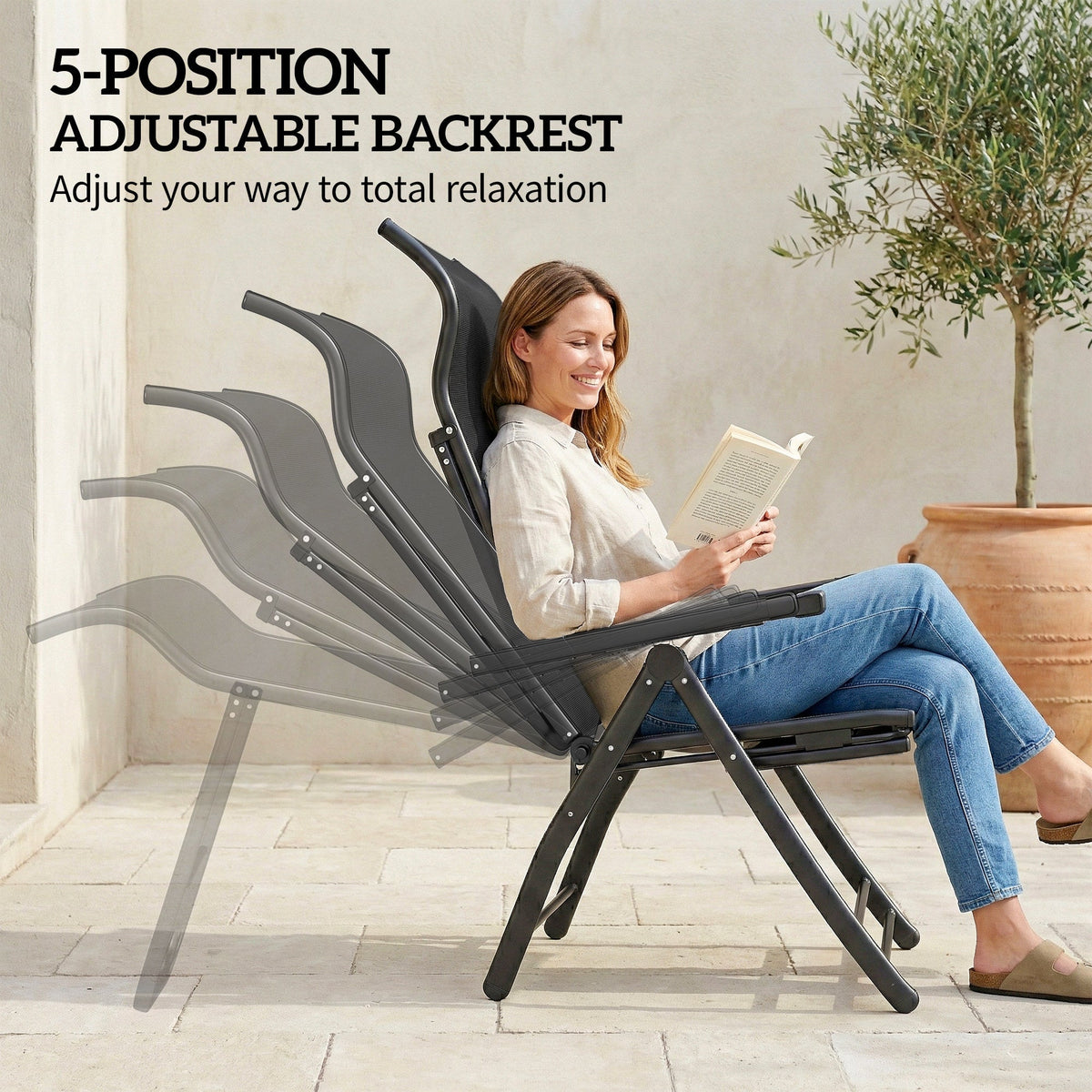 Set of 2 Folding Patio Chairs with Footrest and 5-Position Recline, Black