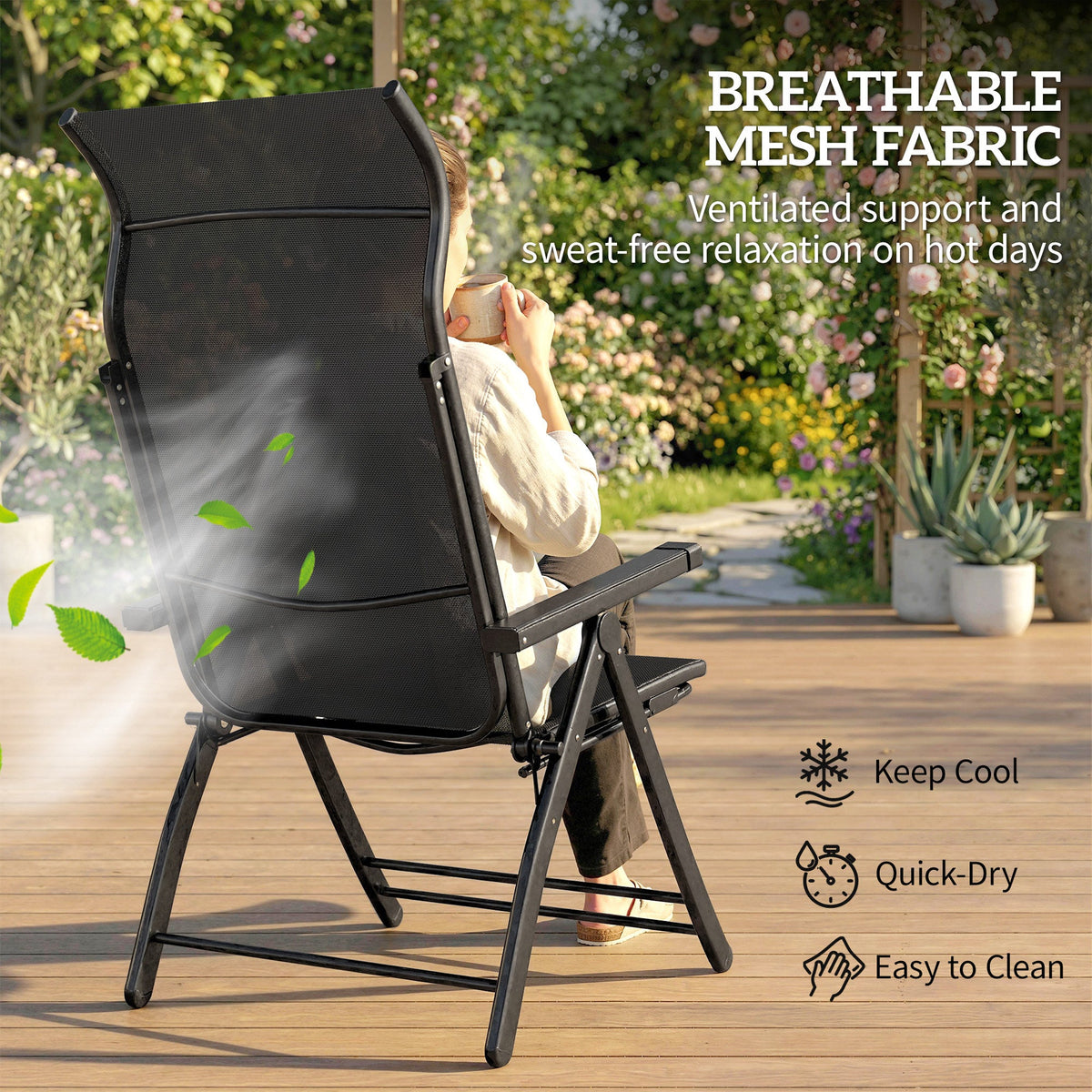 Set of 2 Folding Patio Chairs with Footrest and 5-Position Recline, Black