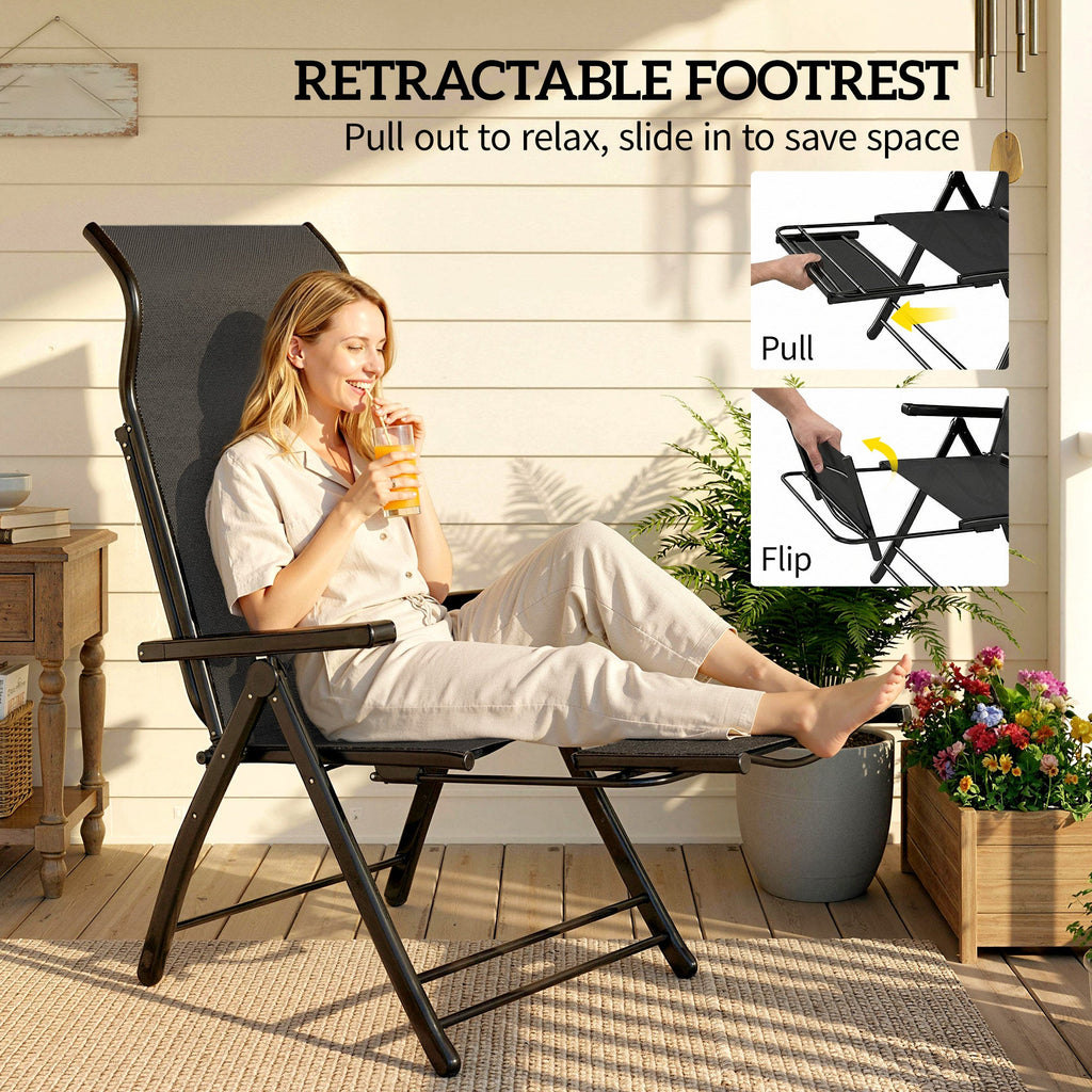 Set of 2 Folding Patio Chairs with Footrest and 5-Position Recline, Black