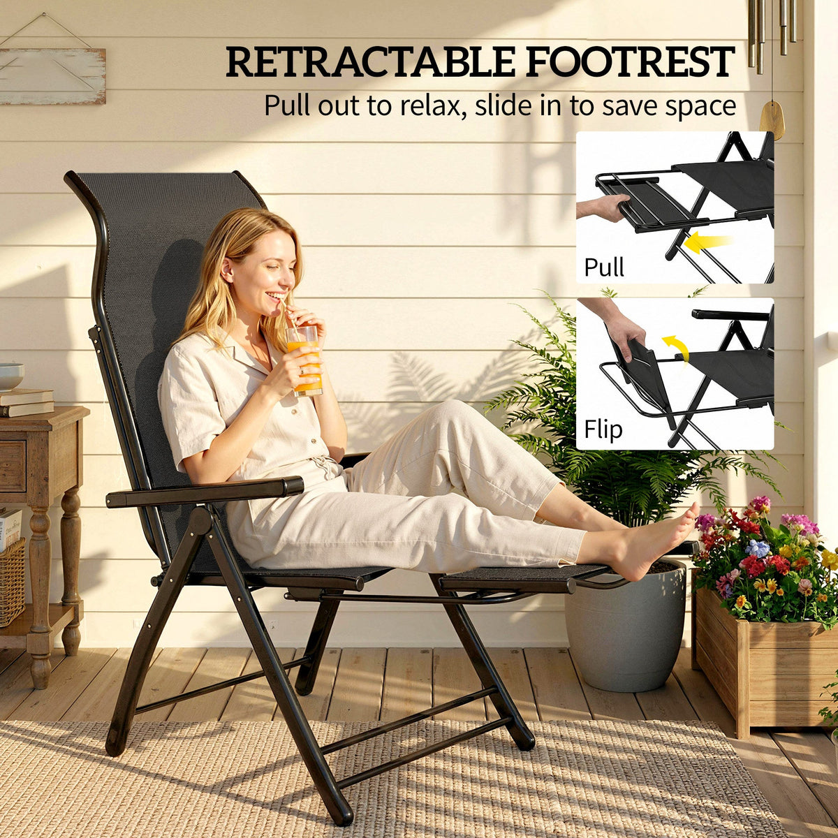 Set of 2 Folding Patio Chairs with Footrest and 5-Position Recline, Black