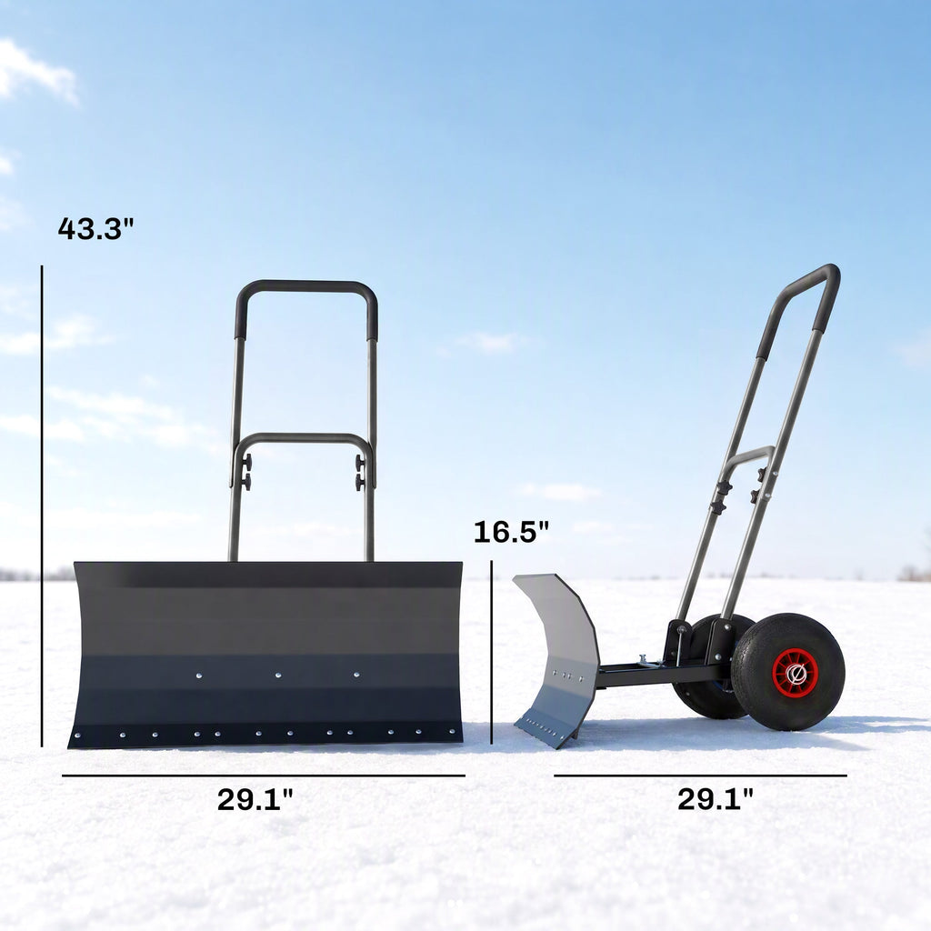 Heavy-Duty Metal Snow Pusher with Wheels & Adjustable Handle, 29" x 16.5" Black