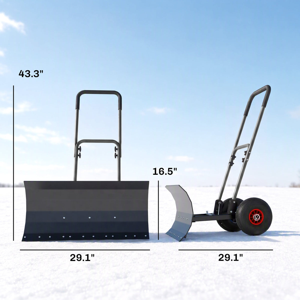Heavy-Duty Metal Snow Pusher with Wheels & Adjustable Handle, 29" x 16.5" Black