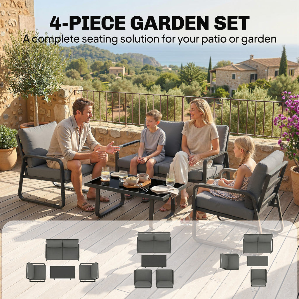 4-Piece Outdoor Sofa Set with Loveseat & 2 Chairs, Coffee Table, Black