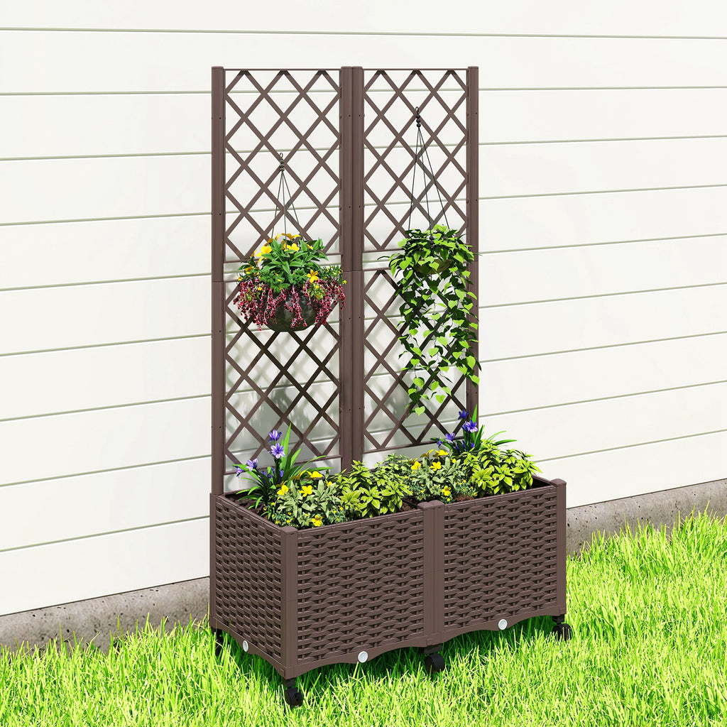 56.3" Self-Watering Planter Box with Trellis and Wheels, Brown