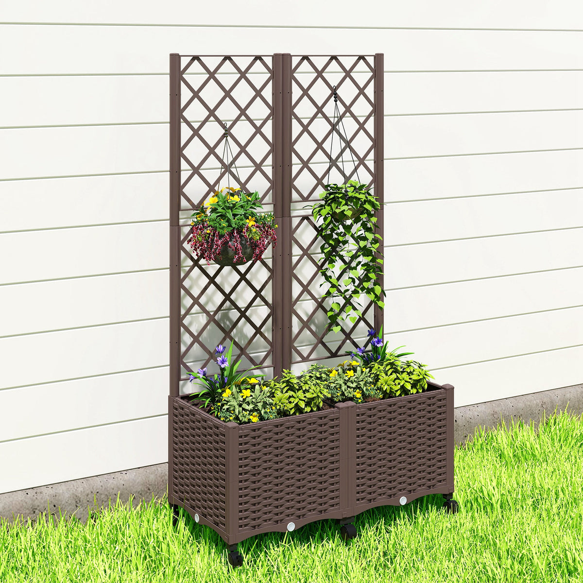 56.3" Self-Watering Planter Box with Trellis and Wheels, Brown