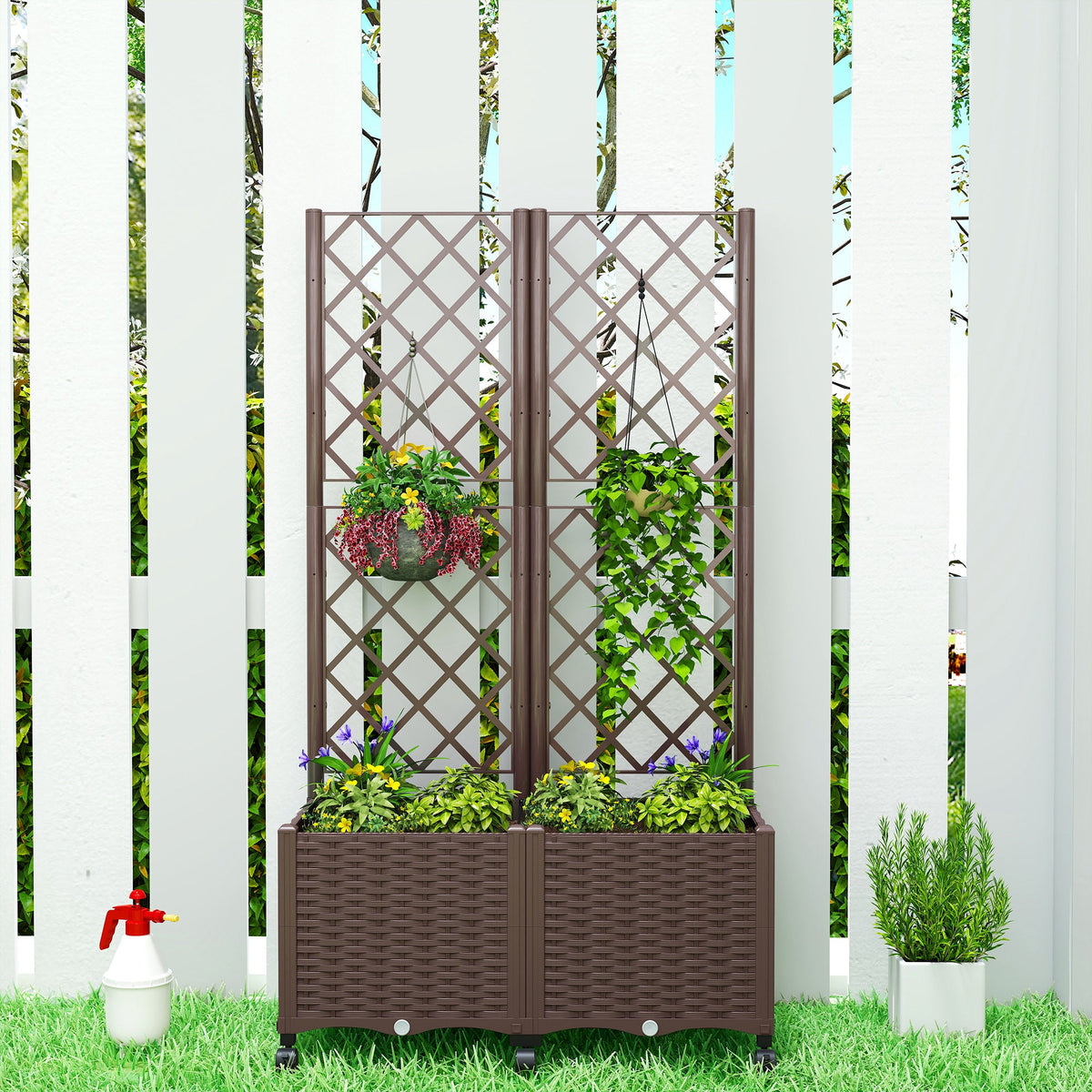 56.3" Self-Watering Planter Box with Trellis and Wheels, Brown