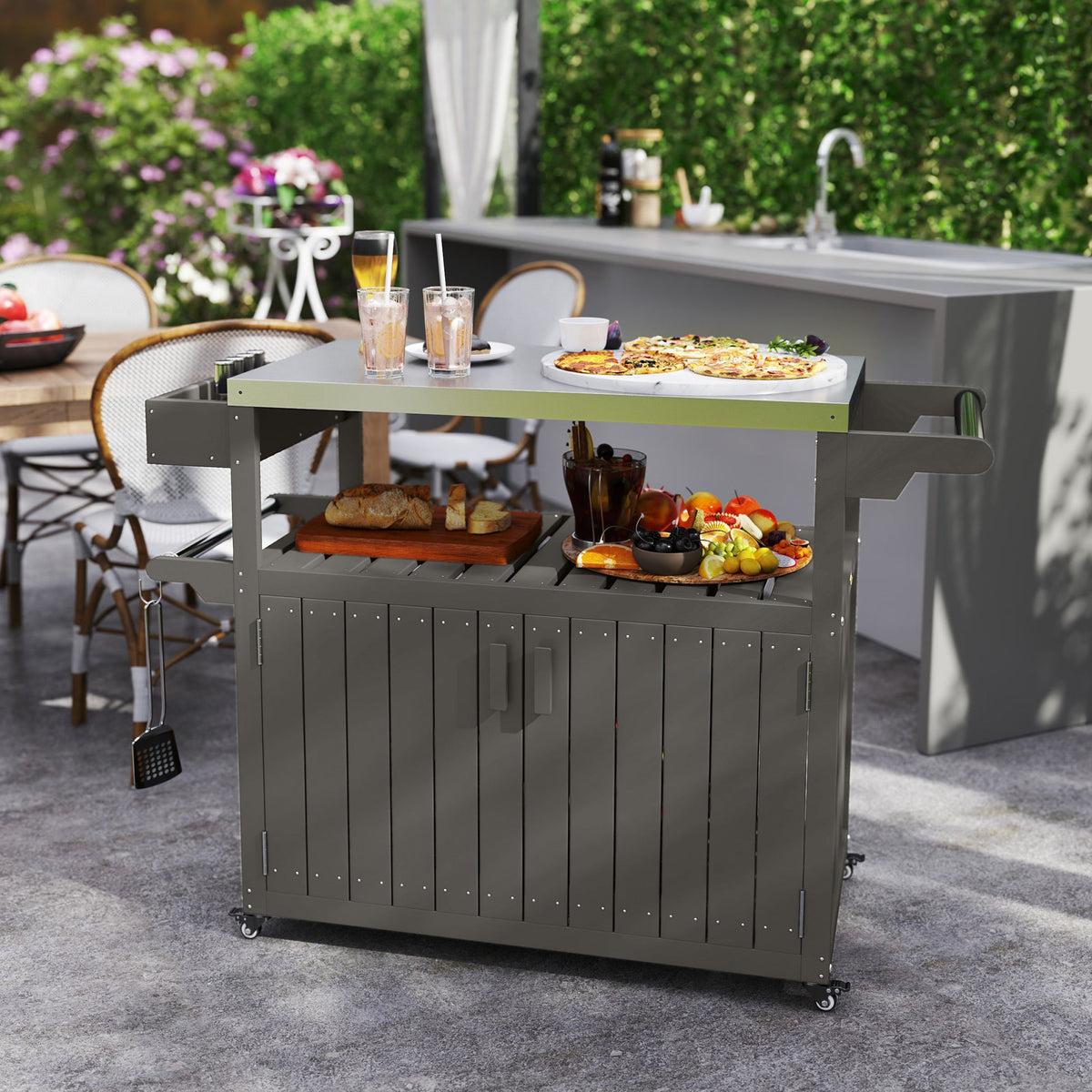 Outdoor Bar Cart with Storage Cabinet, Dark Gray