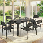 7-Piece Garden Dining Set with 6 Faux Rattan Chairs & Wood-Effect Table, Black