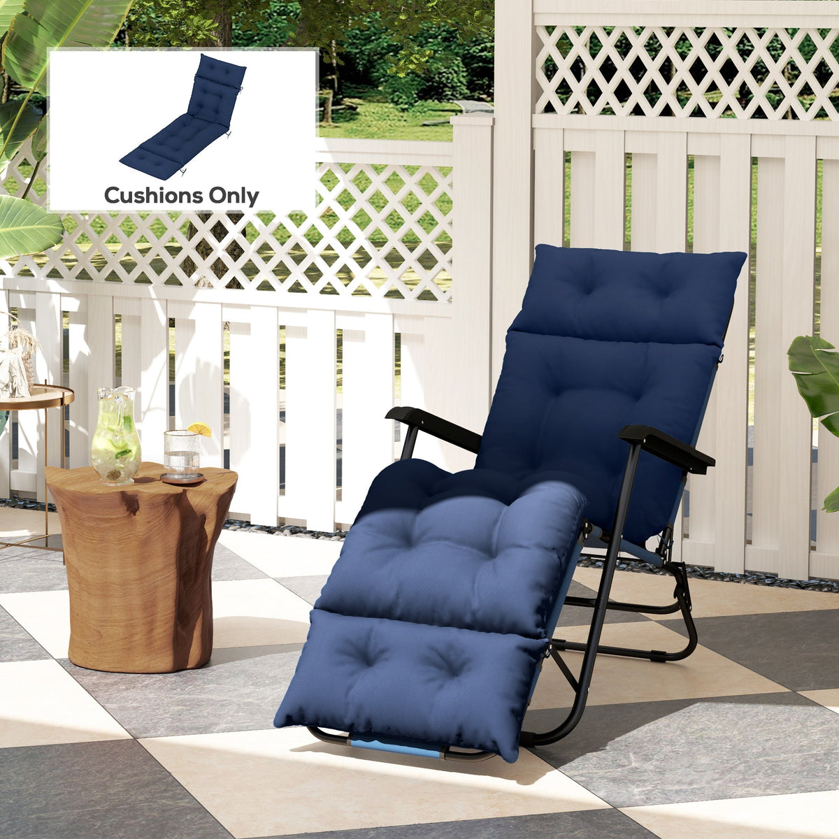Tufted 74.8" x 22" x 4" Outdoor Chaise Lounge Cushion with Ties, Navy Blue