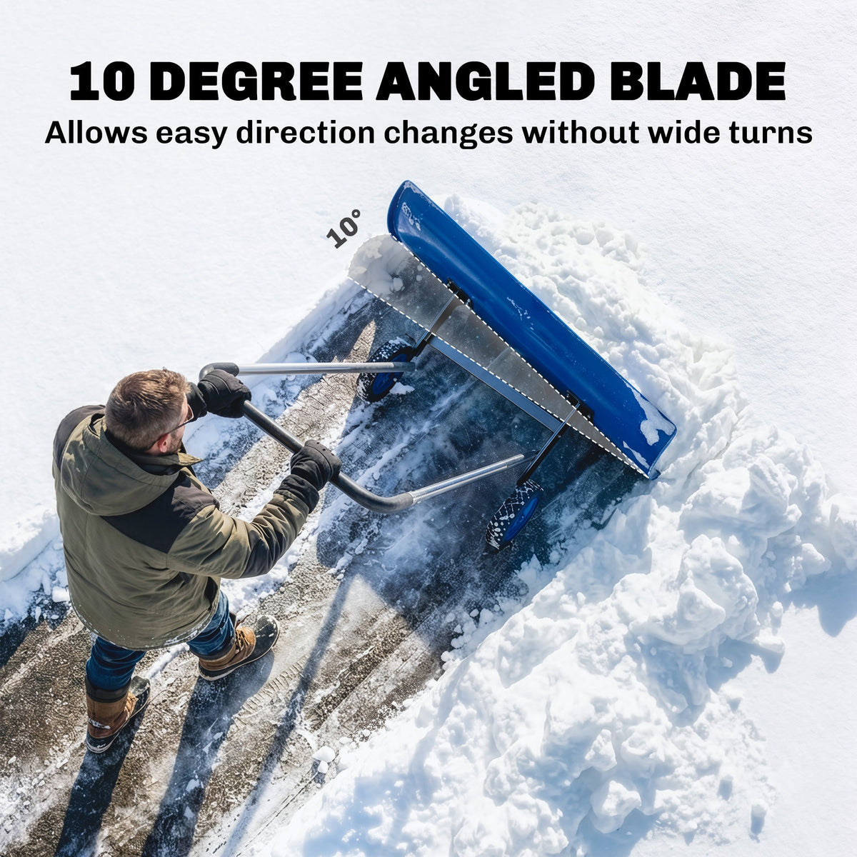 37-Inch Extra Wide Aluminum Snow Pusher with Wheels and Adjustable Handle, Blue