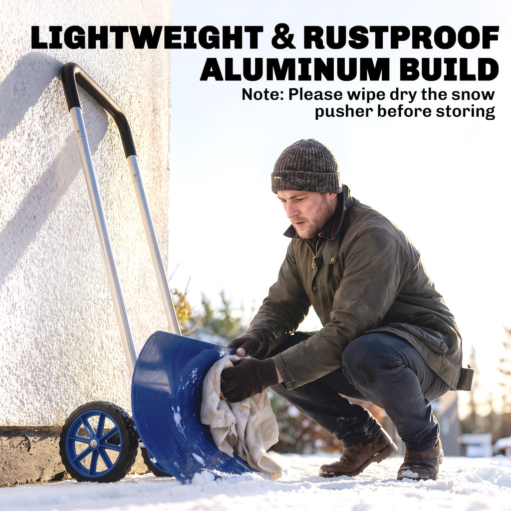 37-Inch Extra Wide Aluminum Snow Pusher with Wheels and Adjustable Handle, Blue
