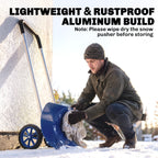 37-Inch Extra Wide Aluminum Snow Pusher with Wheels and Adjustable Handle, Blue