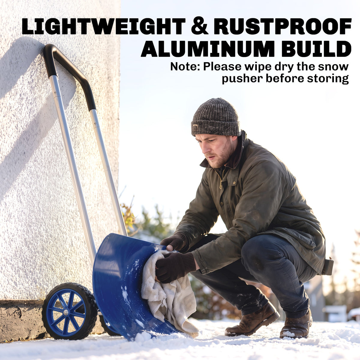37-Inch Extra Wide Aluminum Snow Pusher with Wheels and Adjustable Handle, Blue