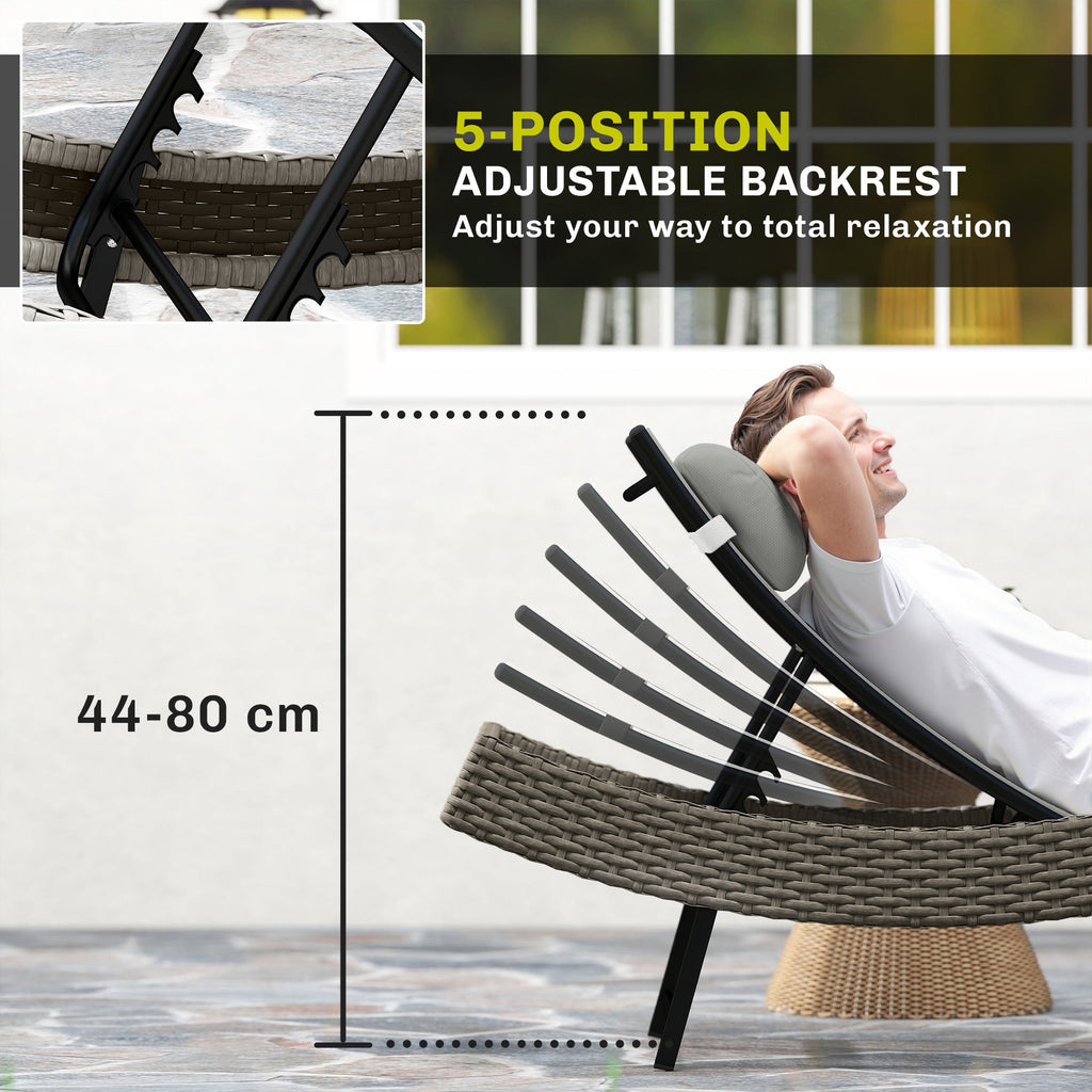 Rattan Sun Lounger with S-Shaped Seat and 5-Position Backrest, Light Grey