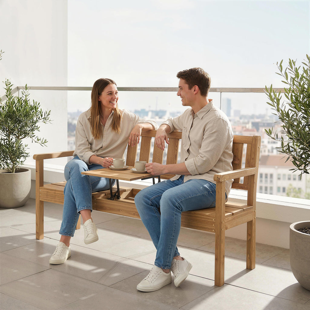 2-3 Seater Wooden Garden Loveseat with Liftable Table, Teak