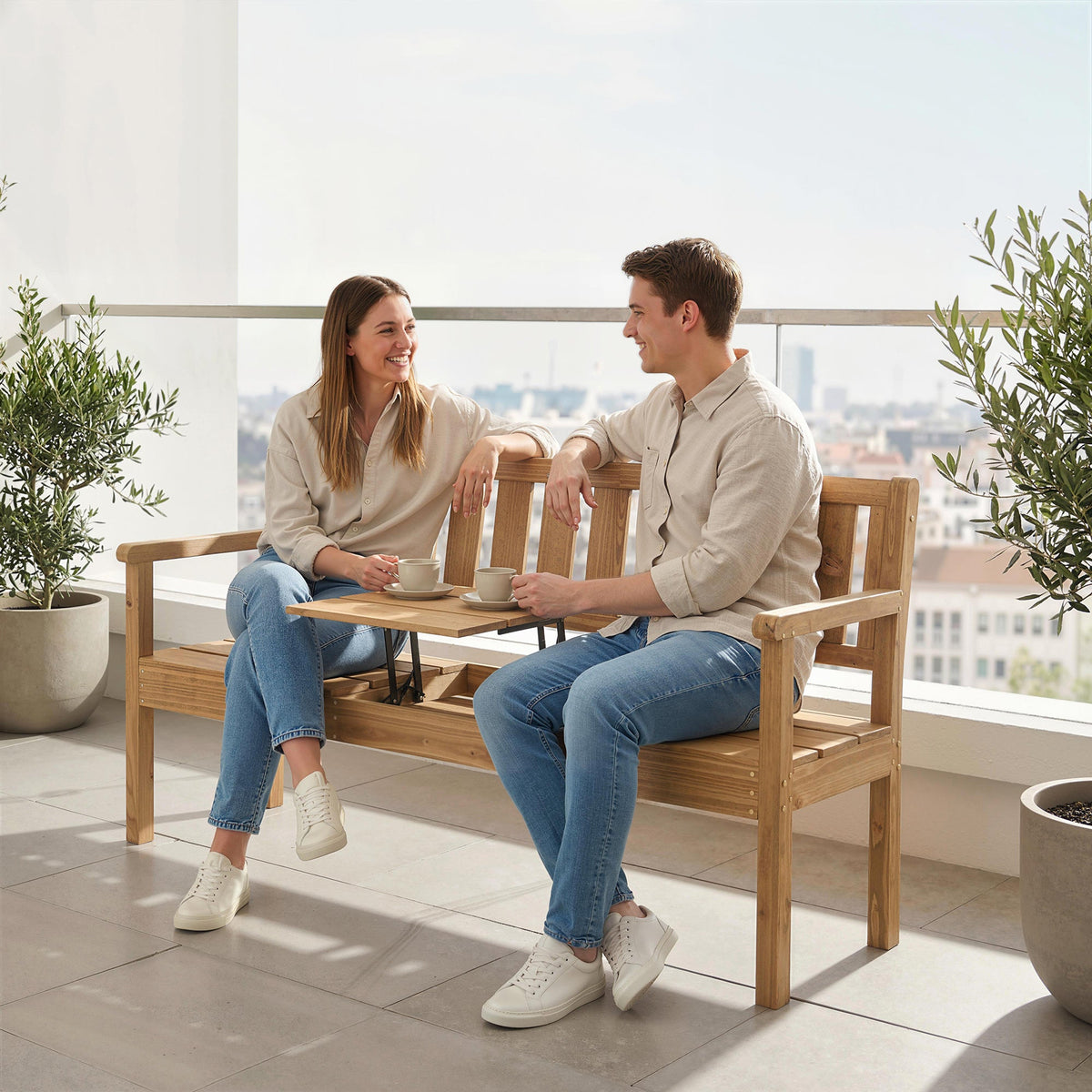 2-3 Seater Wooden Garden Loveseat with Liftable Table, Teak