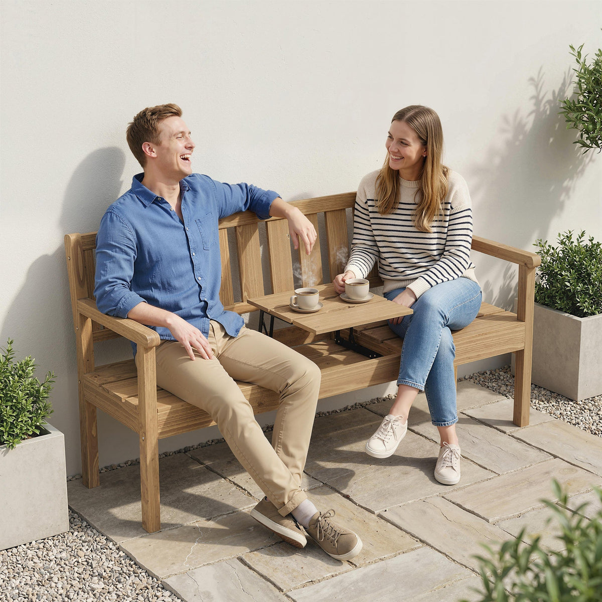 2-3 Seater Wooden Garden Loveseat with Liftable Table, Teak