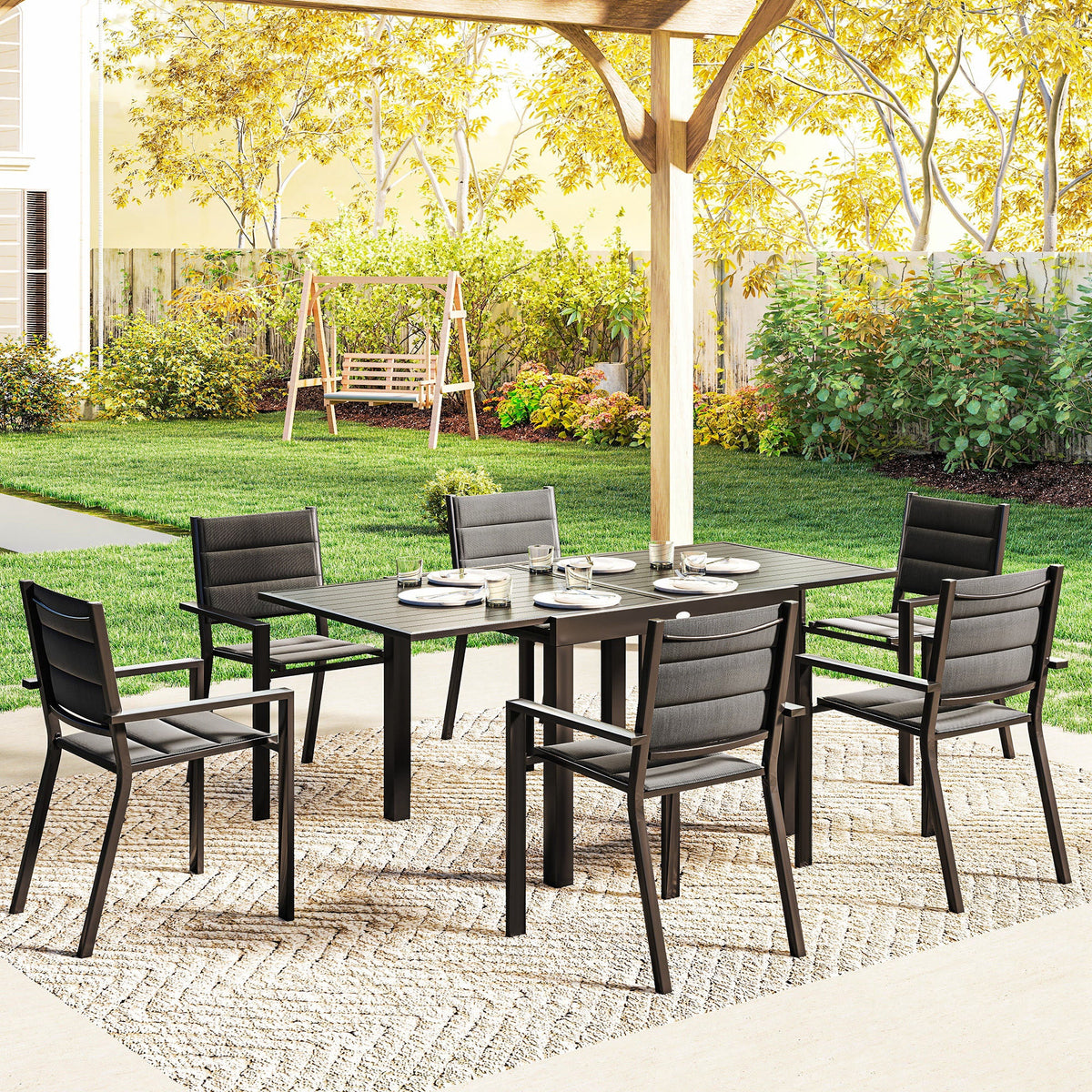 7pc Patio Dining Set with Expandable Table and Stackable Chairs, Black