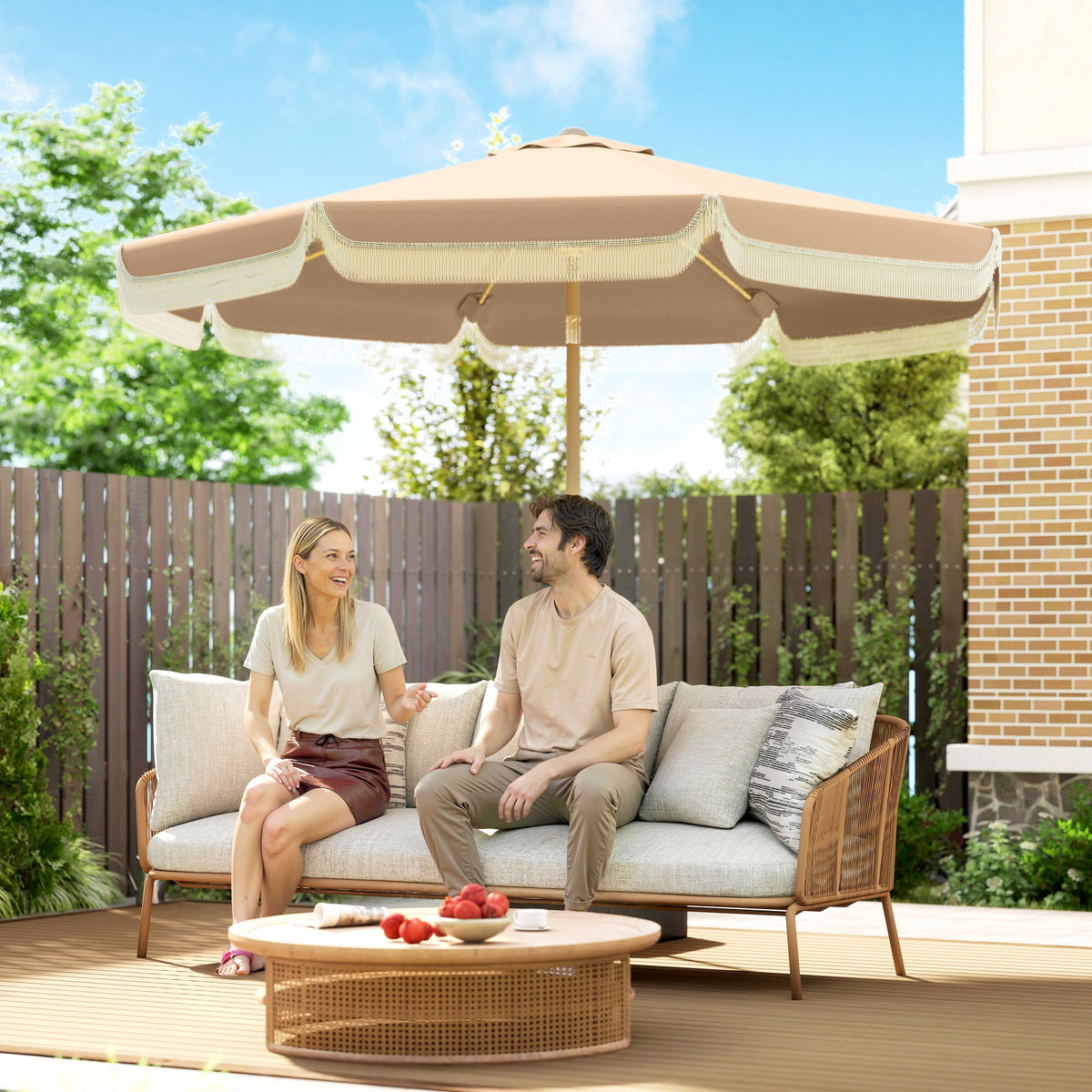 9ft Fringed Patio Umbrella with Push Button Tilt and Crank, Khaki