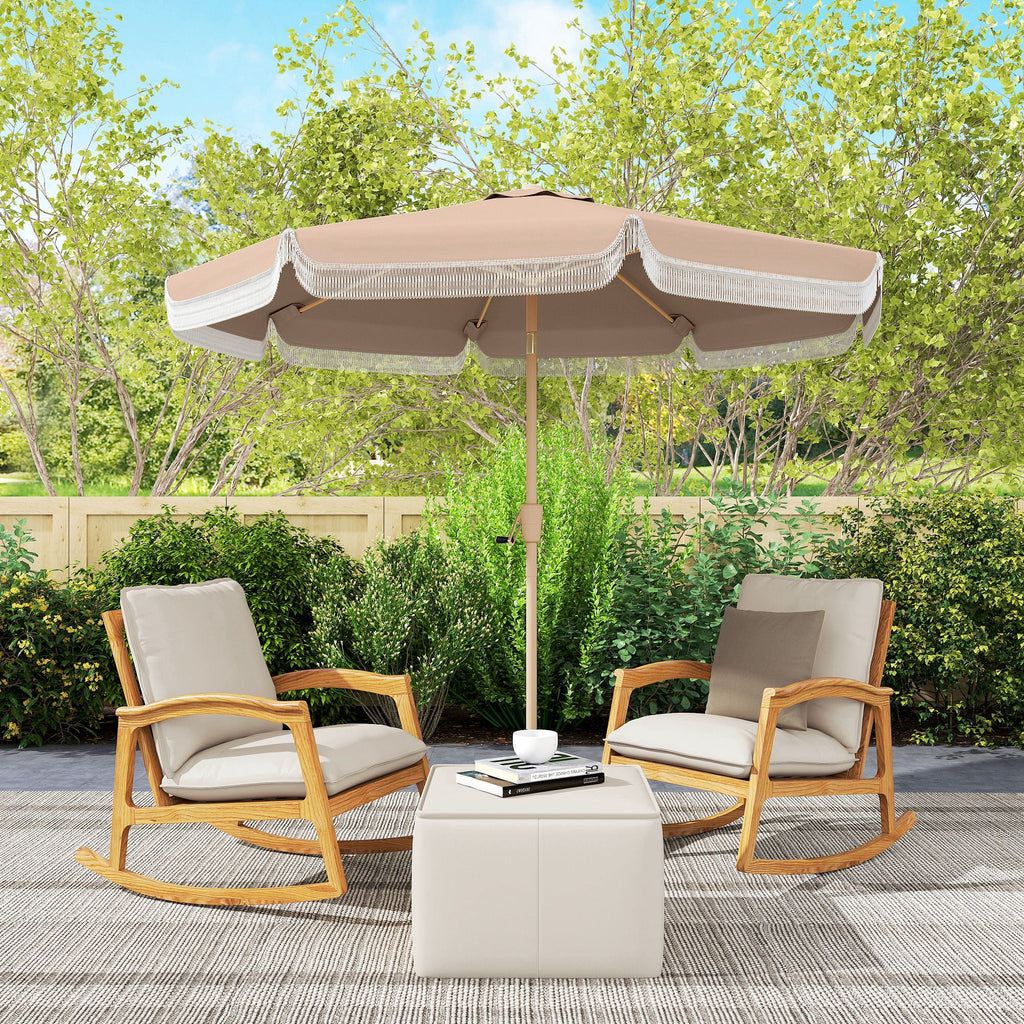 9ft Fringed Patio Umbrella with Push Button Tilt and Crank, Khaki