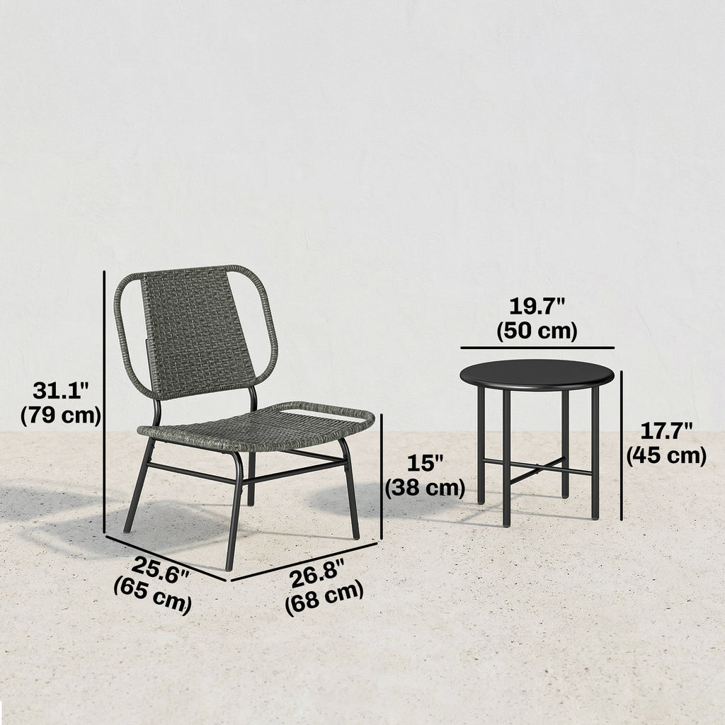 3 Piece Wicker Patio Bistro Set with 2 Armless Chairs and Steel Table, Grey