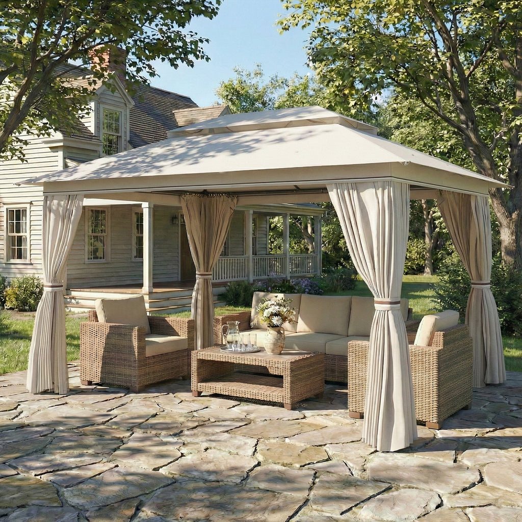 3 x 4 m Garden Gazebo with Double Roof, Netting & Curtains, Beige