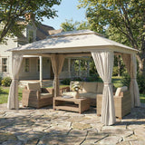 3 x 4 m Garden Gazebo with Double Roof, Netting & Curtains, Beige