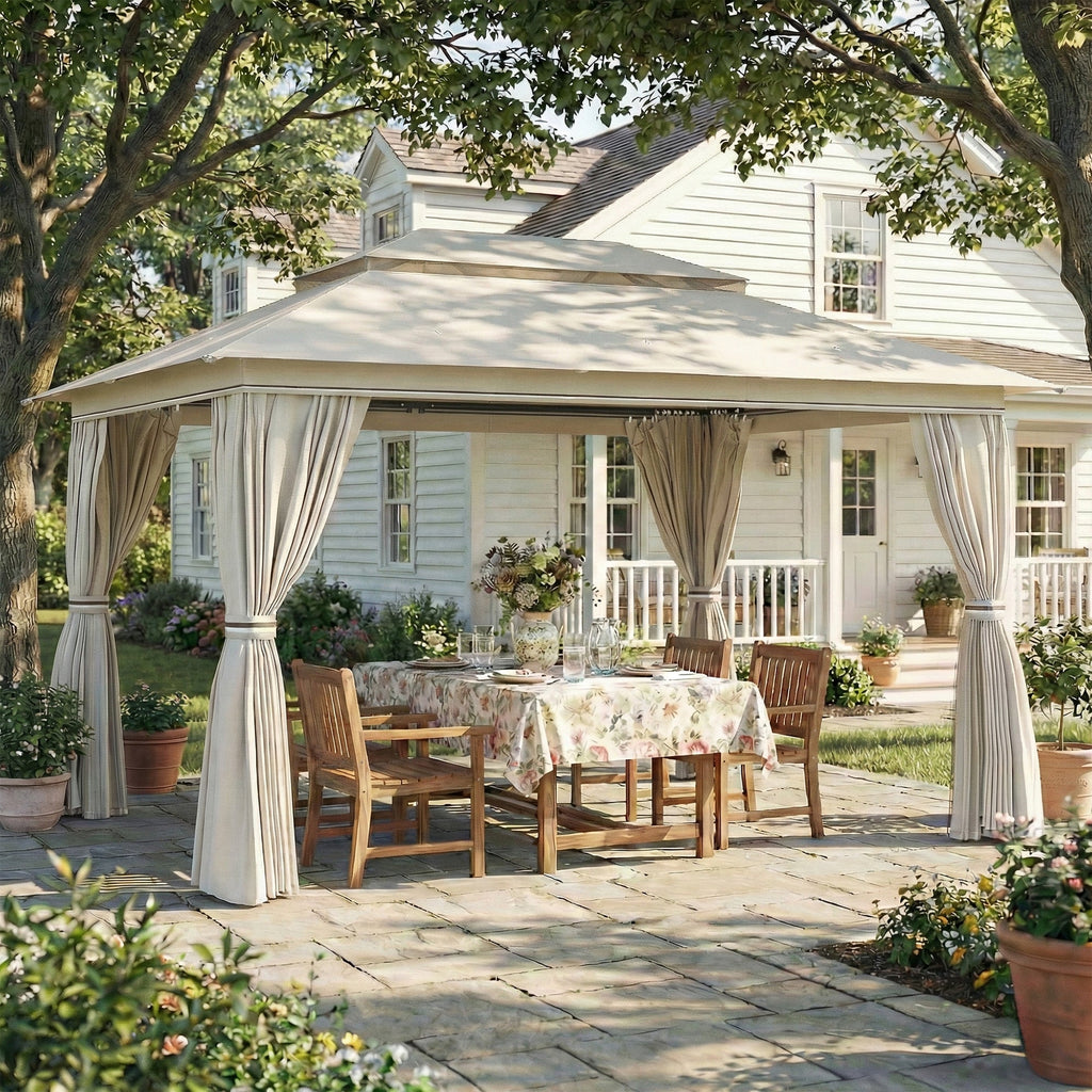 3 x 4 m Garden Gazebo with Double Roof, Netting & Curtains, Beige
