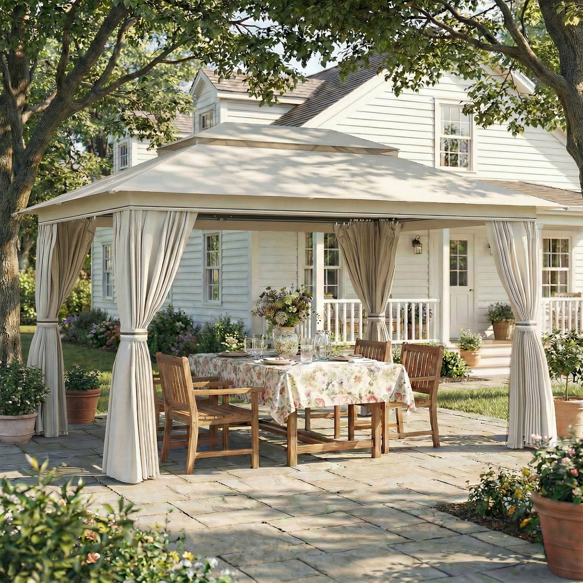 3 x 4 m Garden Gazebo with Double Roof, Netting & Curtains, Beige