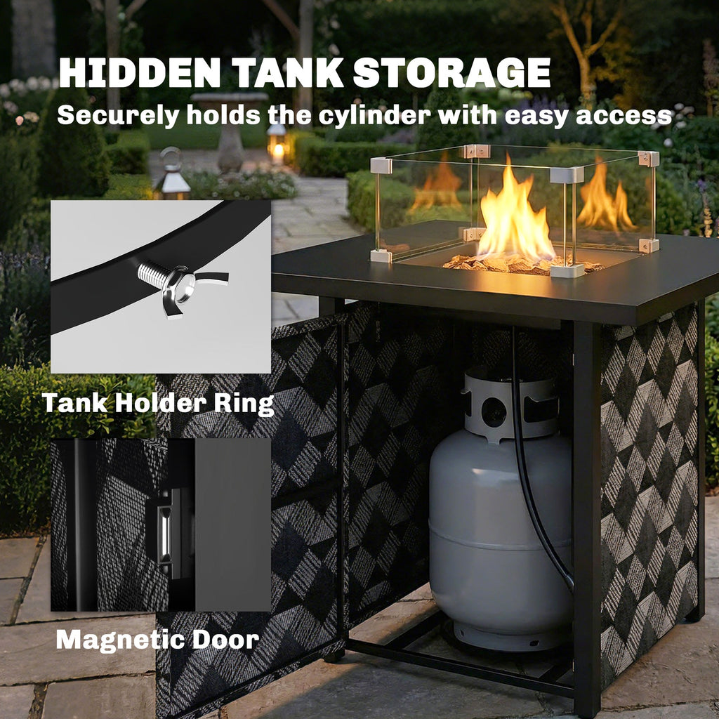 12 KW Square Propane Gas Fire Pit Table with Wind Guard, Black